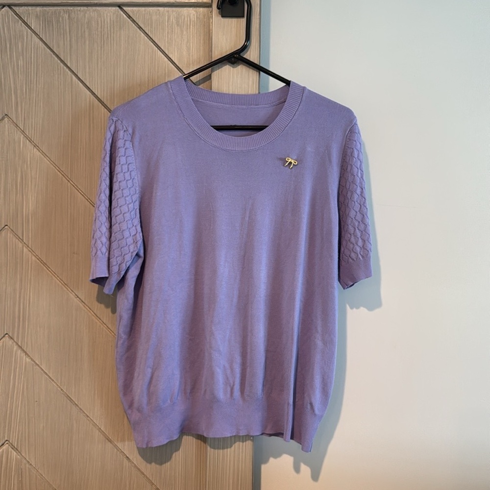 Purple Short Sleeve Sweater with Bow Accent